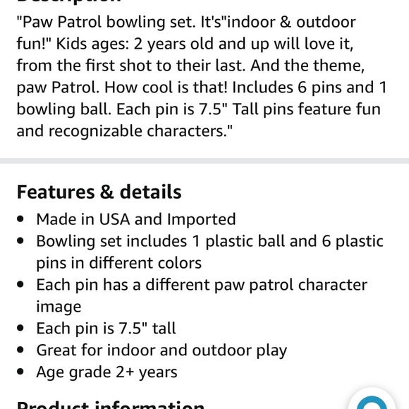 Bowling Pins for kids.Play indoors or outdoors. 6 pins.2 balls. Paw Patrol - Picture 10 of 14
